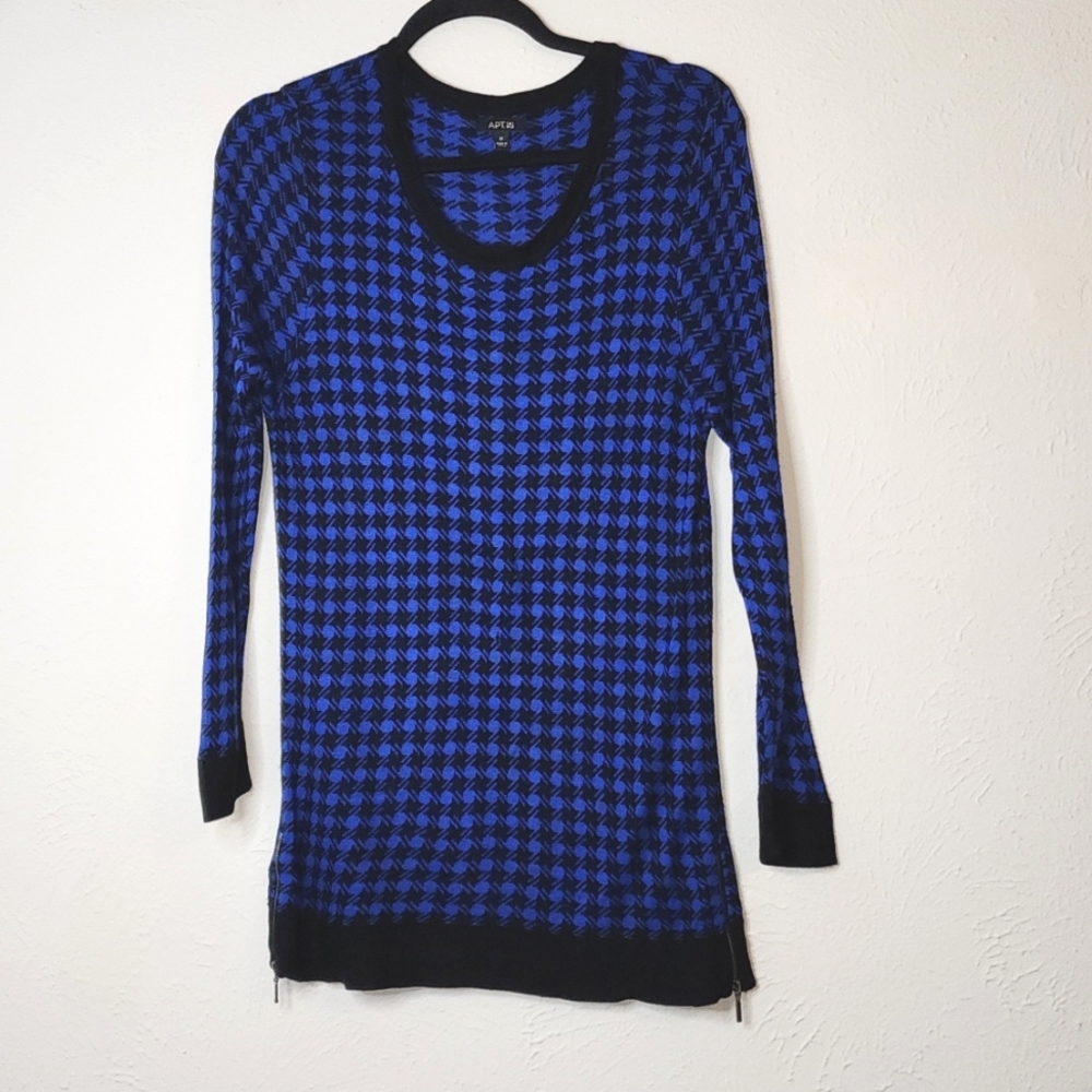 Apt.9 blue black hounds tooth long sweater with zipper accents womens m‎